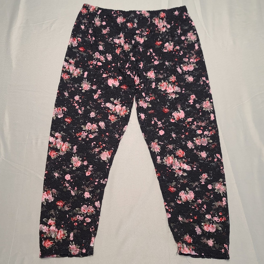 Steve Madden Leggings Womens Medium Black Pink Floral Lace Cropped Stretch Pants